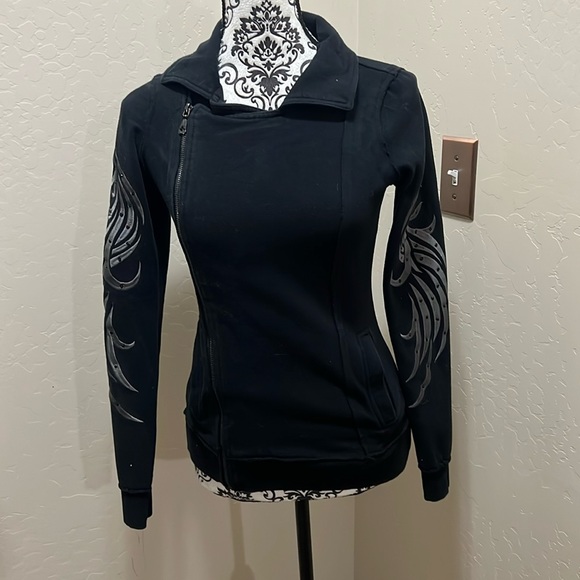 Sinful Tops - Sinful Moto Jacket Full Zip Embellished Graphic Black‎ Jacket Size Small